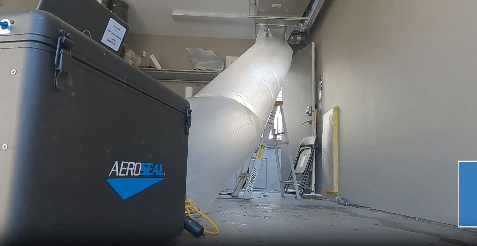Aeroseal duct-sealing rig on site, the duct system pressurized and inflated while the aerosol seals it from the inside