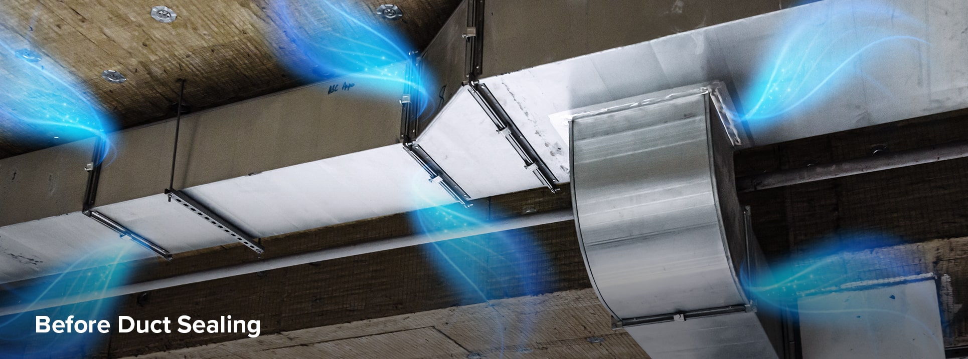 Ductwork before sealing, with conditioned air escaping at every joint and seam, shown as blue streams